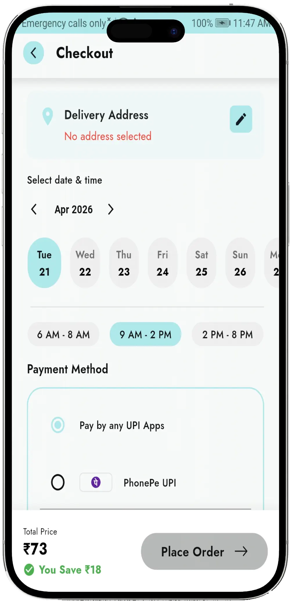Sales24x7 customer app checkout screen
